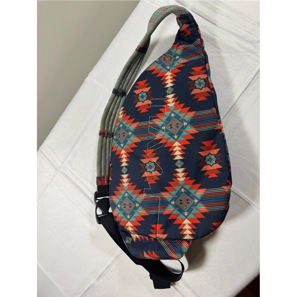 KAVU Rope Bag Sling Backpack Southwestern Geometric Print Navy Orange Canvas